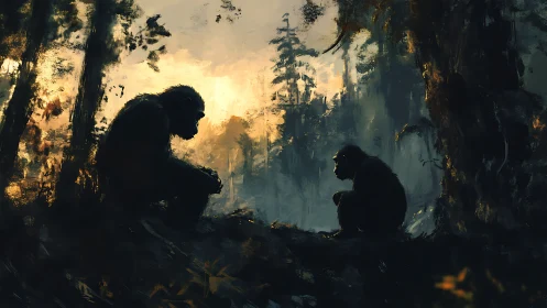 Silhouetted primates in forest clearing at diffuse sunset light.