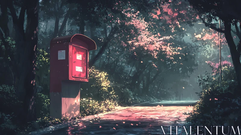 Quiet forest postbox in gentle morning cherry blossom light.