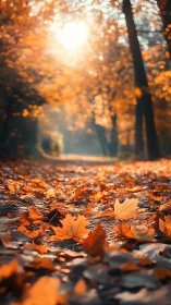 Sunlit leaf-littered path humming with quiet autumn glow.