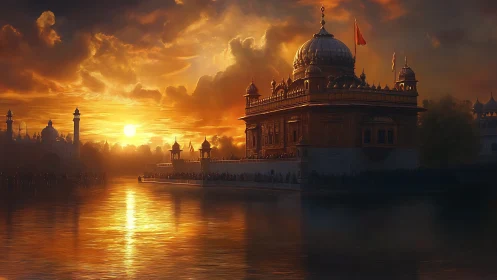 Golden temple at sunset in luminous digital painting panorama.