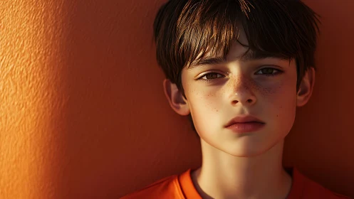 Freckled boy in warm sunset light against orange wall.