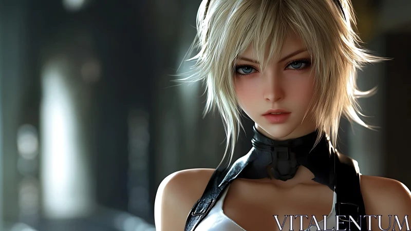 Cybernetic blonde heroine in leather harness, cinematic light.