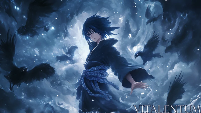 Stormlit raven circle crowns a lone blue-haired sorcerer