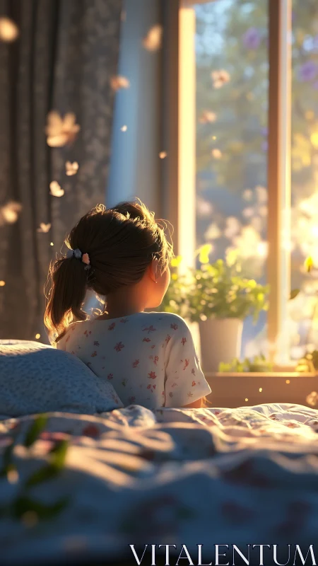 Child on bed facing sunlit window with indoor plants.