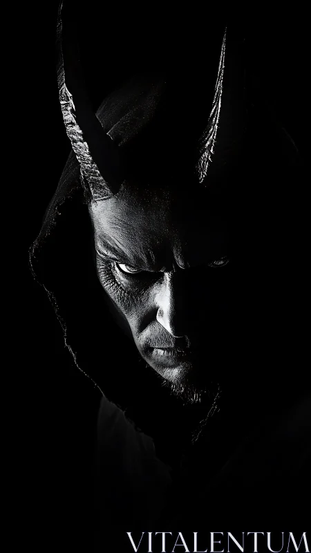 Low‑key horned portrait with high contrast chiaroscuro lighting.