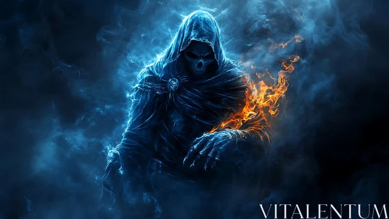 Hooded skeletal wraith emerges from blue smoke and fire
