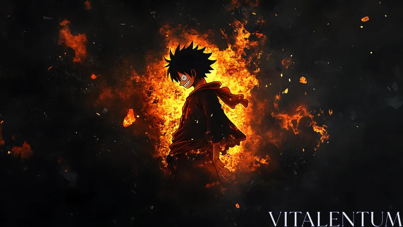 Flame-swept hero grins into the storm of burning night