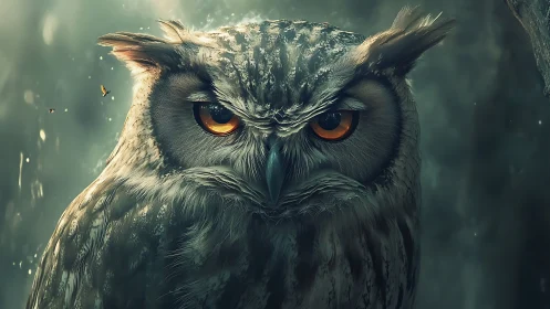 Majestic owl close-up in moody forest, hyper-realistic digital art.