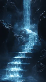 Vertical rock cavern with tiered illuminated water steps.