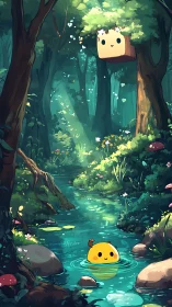 Cartoon characters in stylized forest with water stream.