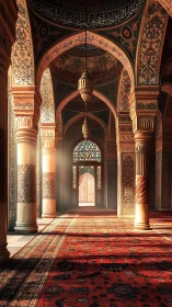 Sunlit Islamic interior with arches, columns and carpets.