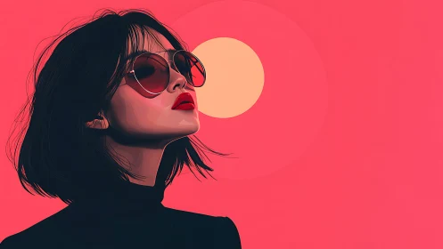 Stylish woman in sunglasses gazes at bold neon sunset.