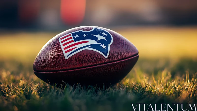 Sunlit gridiron emblem rests ready on glowing turf field.