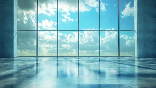 Sky-soaked glass atrium where clouds wander across silence.