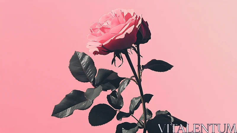 Pink Rose with Dark Foliage Against Soft Pastel Background