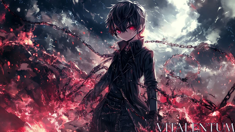 Crimson chainbinder boy under storm-torn twilight sky.