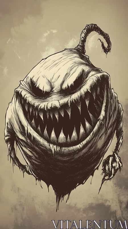 Monochrome ink depiction of floating fanged creature form.