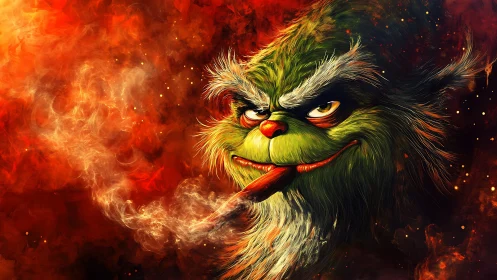 Mischievous green creature portrait in fiery digital smoke.