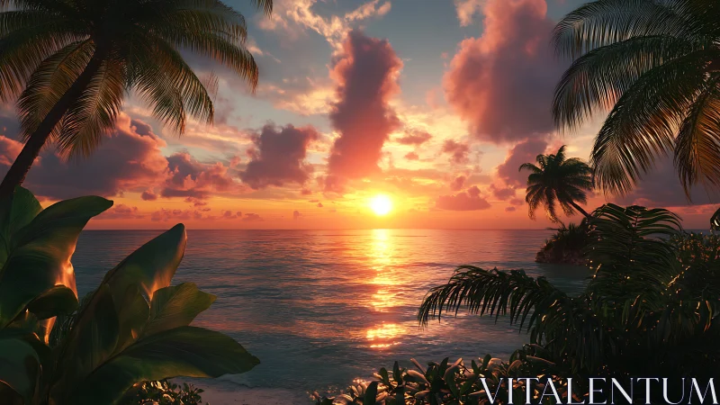 Vibrant tropical sunset over calm ocean with palm trees.