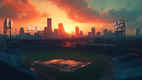 Golden city sunset over a quiet baseball stadium evening.