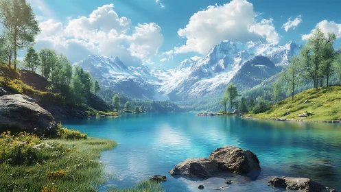 Snowcapped alpine lake with luminous turquoise water panorama.