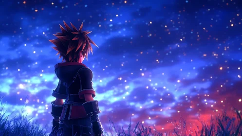 Silhouetted game-style figure under starry dusk sky.