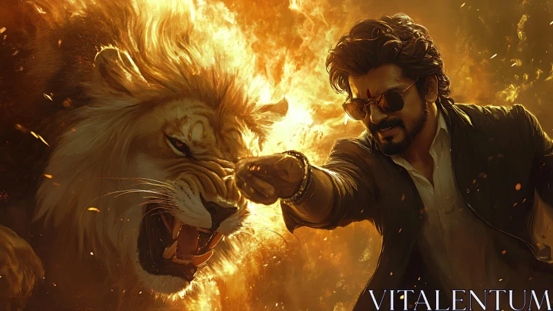 Fire-forged hero and roaring lion punch through chaos flames.