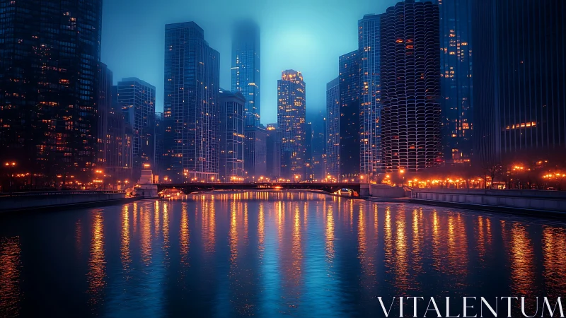 Neon riverdream beneath misty skyscraper sentinels at dusk.