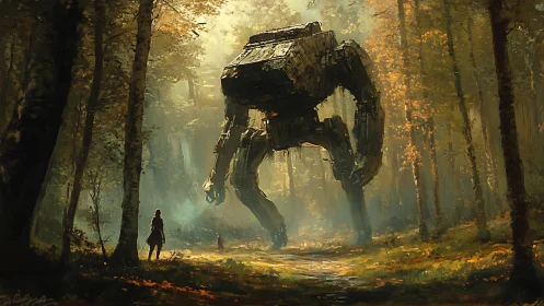 Colossal forest mech encounters lone wanderer in misty glade.