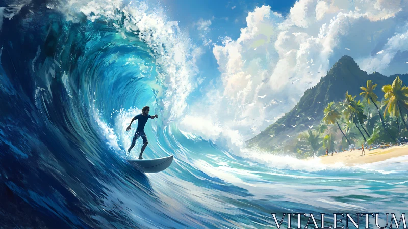 Dynamic surfer carving inside translucent barrel near tropical coast