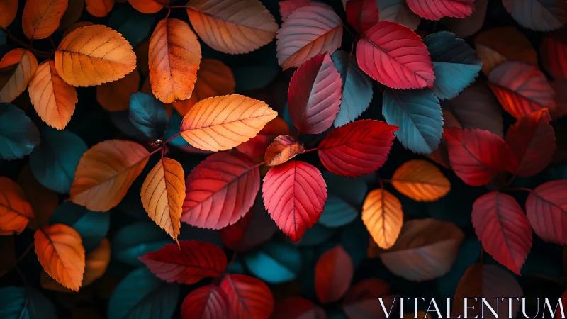 Color-varied foliage with contrasting red, orange and teal leaves.