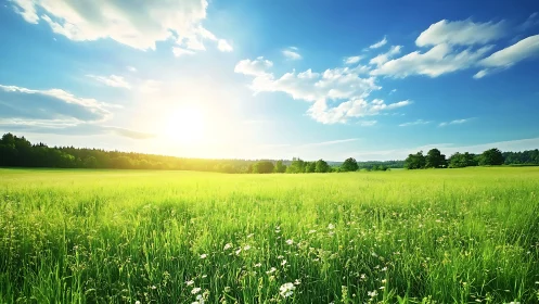 Sunlit green meadow under clear blue sky with clouds.