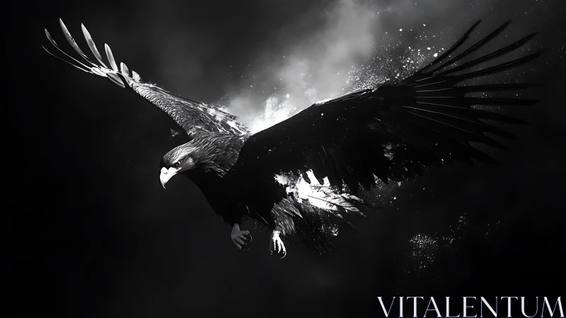 Monochrome raptor in explosive particulate-driven flight arc.