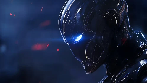 Cybernetic warrior profile with glowing blue visor gaze.