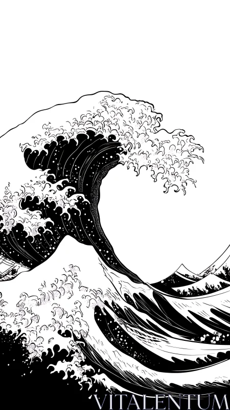 Powerful black and white wave curls toward distant calm shores