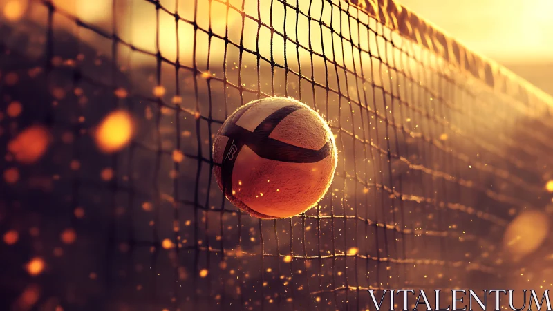 Sunlit volleyball striking net amid glowing dust particles.