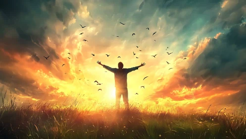 Silhouette embracing radiant sky within painterly sunset field.