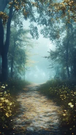 Misty Forest Path Converging Into Golden Light.