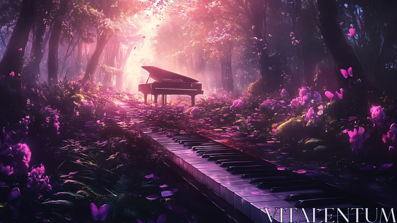 Enchanted forest piano glows in dreamy pink twilight
