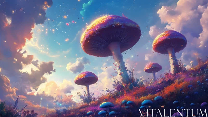 Giant glowing mushrooms rise over colorful fantasy meadow.