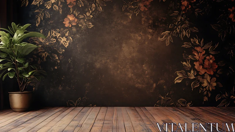 Indoor corner with floral wall, potted plant and wood floor.