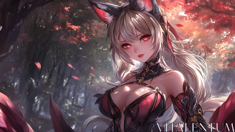 Fox-eared anime warrior in red armor in autumn forest