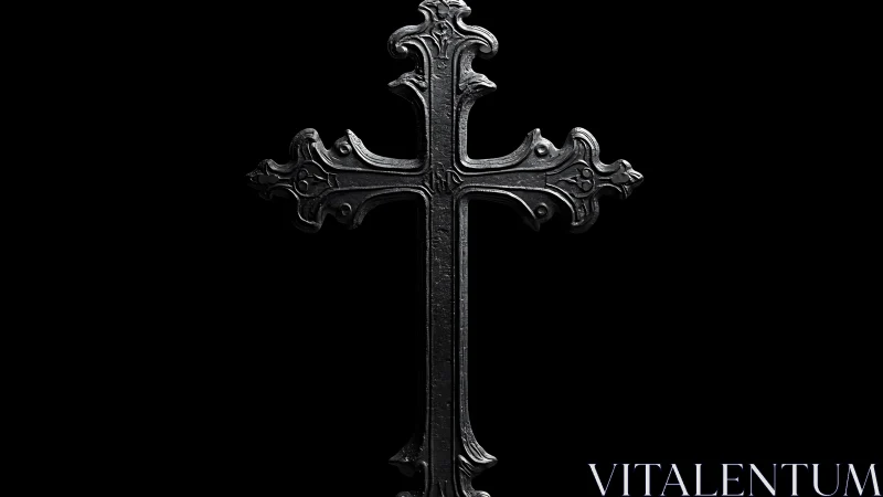 Ornate dark metal cross glowing softly against black.