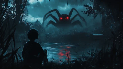 Nocturnal marsh encounter with macro-scale arachnid entity.