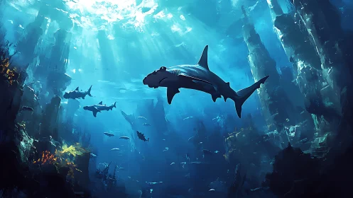 Digital painting of hammerhead sharks in vertical reef cavern.