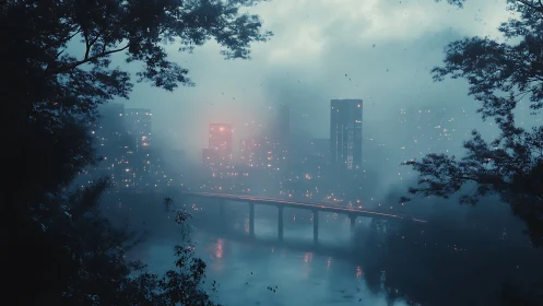 Foggy river bridge crosses toward distant illuminated city