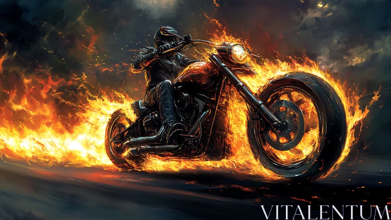 Flaming cruiser motorcycle with armored rider in dynamic motion