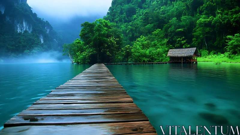 Wooden pier extends across turquoise lake toward forest hut