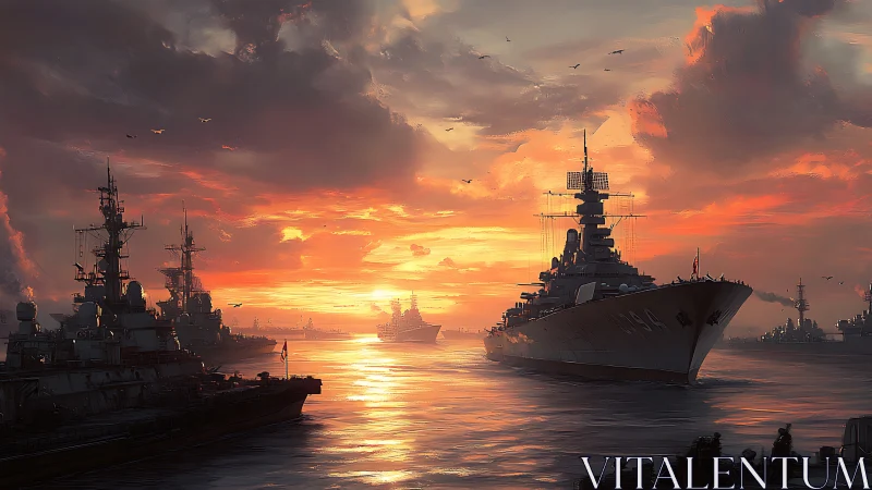 Battleship fleet advances through glowing sunset harbor