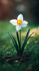 White Daffodil Blooming. Golden-Yellow Cup Centers Spring Bulb.